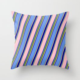 [ Thumbnail: Cornflower Blue, Green, Pink & Dark Blue Colored Striped/Lined Pattern Throw Pillow ]