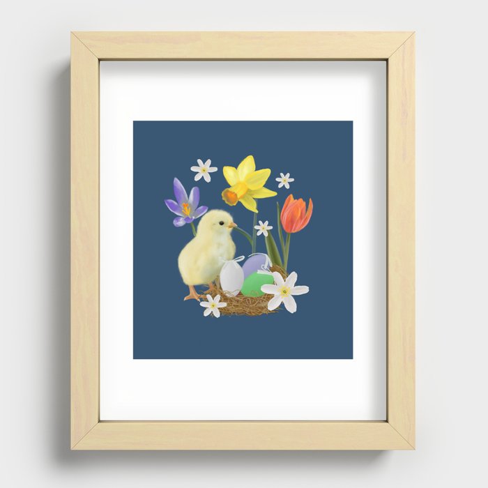 Colorful pattern with easter chicks, easter nests, tulips, daffodils, crocuses, wood anemones Recessed Framed Print