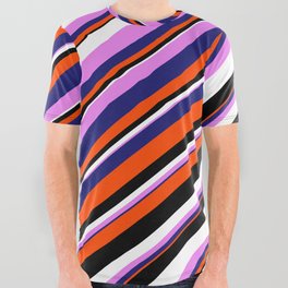 [ Thumbnail: Eyecatching Violet, Midnight Blue, Red, Black & White Colored Lines/Stripes Pattern All Over Graphic Tee ]