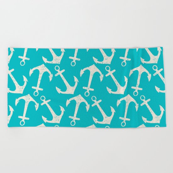 Maritime Nautical Aqua and White Anchor Pattern on #Society6 Beach Towel