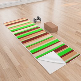 [ Thumbnail: Brown, Bisque, Lime & Maroon Colored Pattern of Stripes Yoga Towel ]