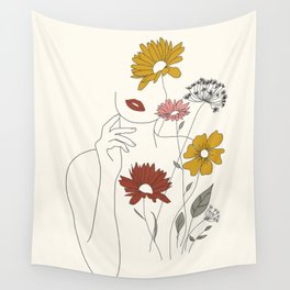 Colorful Thoughts Minimal Line Art Woman with Flowers III Wall Tapestry