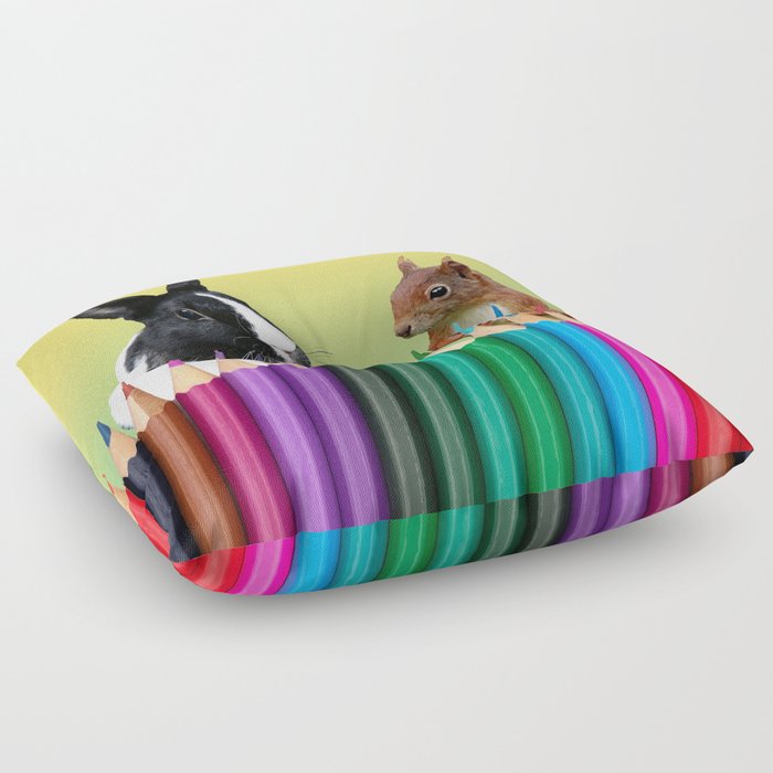 Colored Pencils - Squirrel & black and white Bunny - Rabbit Floor Pillow