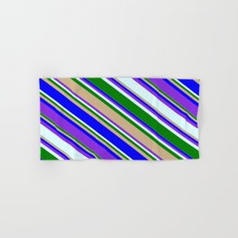 [ Thumbnail: Colorful Green, Tan, Blue, Purple, and Light Cyan Colored Striped/Lined Pattern Hand & Bath Towel ]