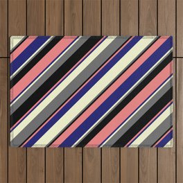 [ Thumbnail: Eye-catching Light Coral, Midnight Blue, Light Yellow, Dim Grey, and Black Colored Striped Pattern Outdoor Rug ]
