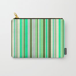 [ Thumbnail: Vibrant Green, Light Grey, Light Green, Dark Olive Green, and Beige Colored Stripes/Lines Pattern Carry-All Pouch ]