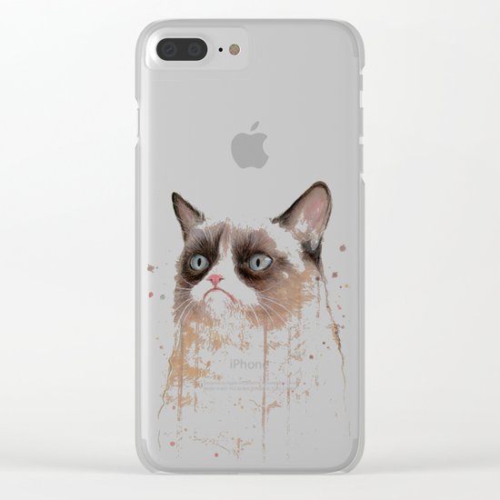 Grumpy Watercolor Cat Geek Meme Whimsical Animals Clear iPhone Case