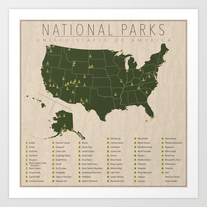 US National Parks w/ State Borders Art Print