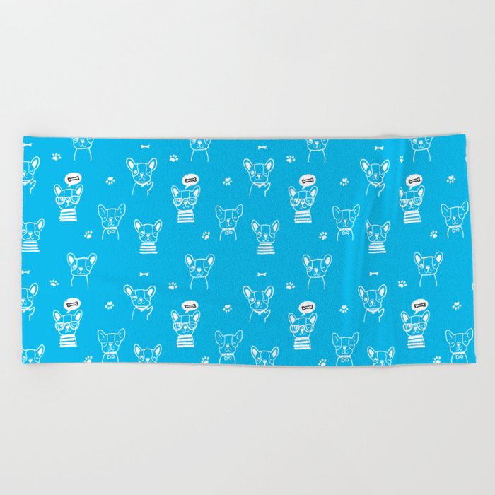 Turquoise and White Hand Drawn Dog Puppy Pattern Beach Towel