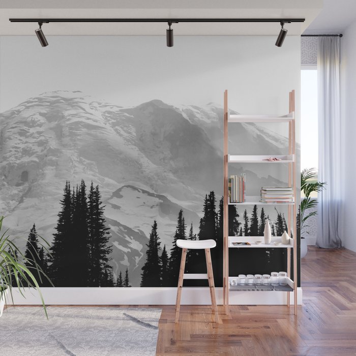 Mount Rainier Black and White Wall Mural
