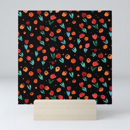 Watercolor tulips pattern - black and orange Mini Art Print