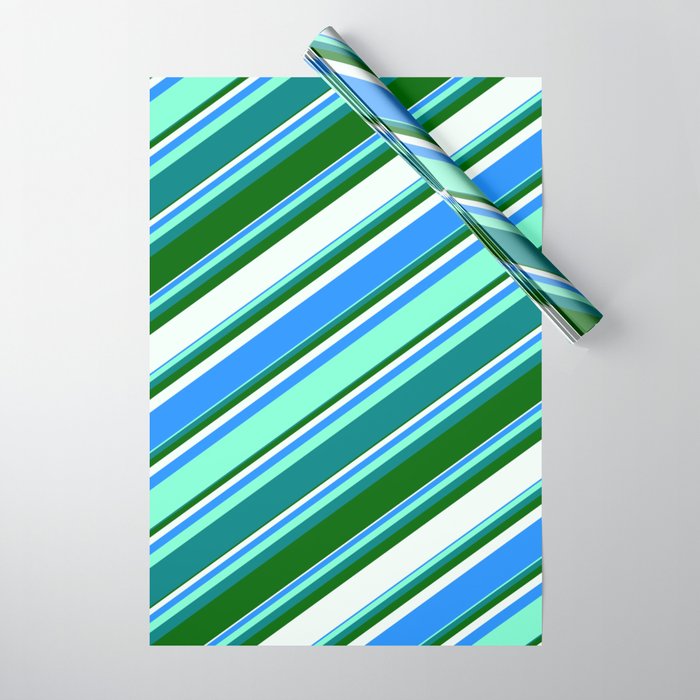 Colorful Blue, Aquamarine, Teal, Dark Green, and Mint Cream Colored Lines/Stripes Pattern Wrapping Paper