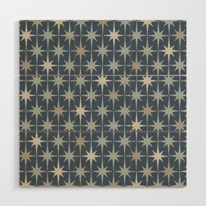 Midcentury Modern Atomic Starburst Pattern in Neutral Blue Gray Tones Wood Wall Art