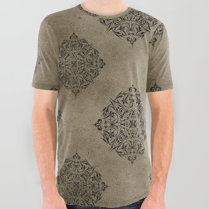 Brown Gothic Damask Pattern 01 All Over Graphic Tee