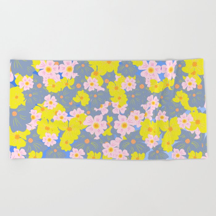 Pastel Spring Flowers Ombre Blue Beach Towel