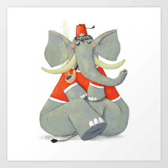 Elephant with Fez Smoking a Pipe Art Print