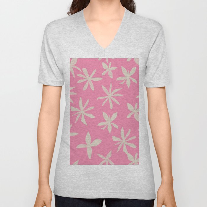 Retro Feminine Flowers on Y2K Pink V Neck T Shirt