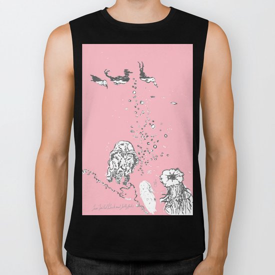 Two Tailed Duck and Jellyfish Baby Pink Deep Biker Tank