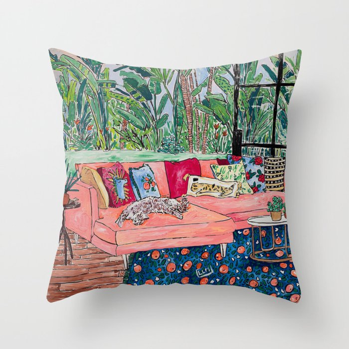 Napping Brown Tabby Cat on Pink Couch with Jungle Background Painting After Matisse Throw Pillow