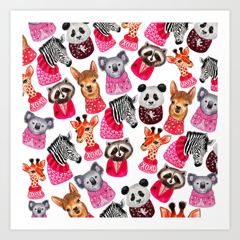 Hand Painted Pink Brown Black White Forest Friends Animals Art