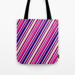 [ Thumbnail: Deep Pink, Blue, and Tan Colored Stripes/Lines Pattern Tote Bag ]