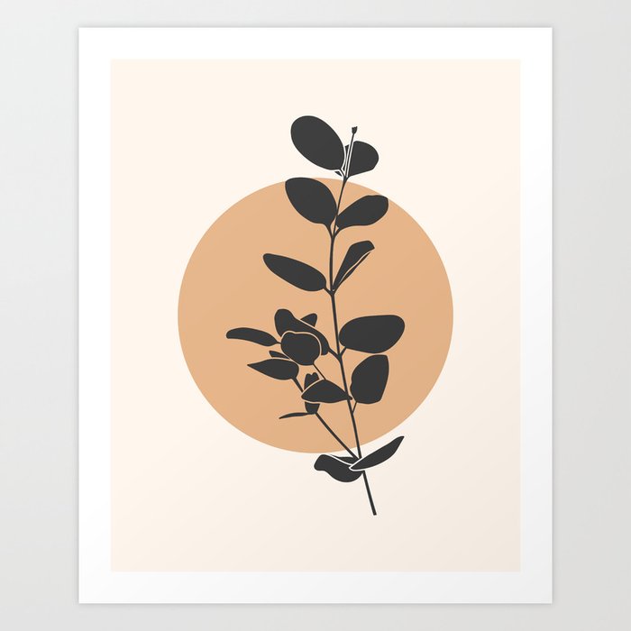 Eucalyptus Branch with Abstract Sun - Mid Century Boho Decor, Orange on Beige Background Art Print