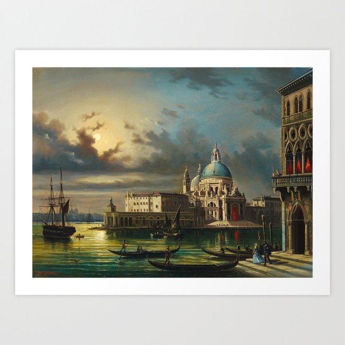 Venice, Basilica di Santa Maria della Salut and view of the Punta della Dogana, where the Grand Canal meets the Giudecca Canal landscape painting by Giovanni Grubacs Art Print