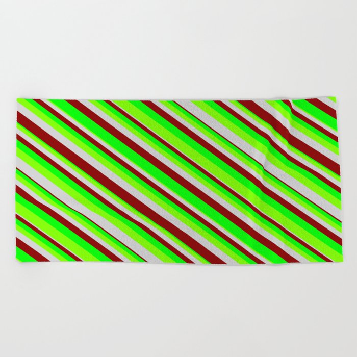 Lime, Chartreuse, Light Grey & Dark Red Colored Stripes/Lines Pattern Beach Towel