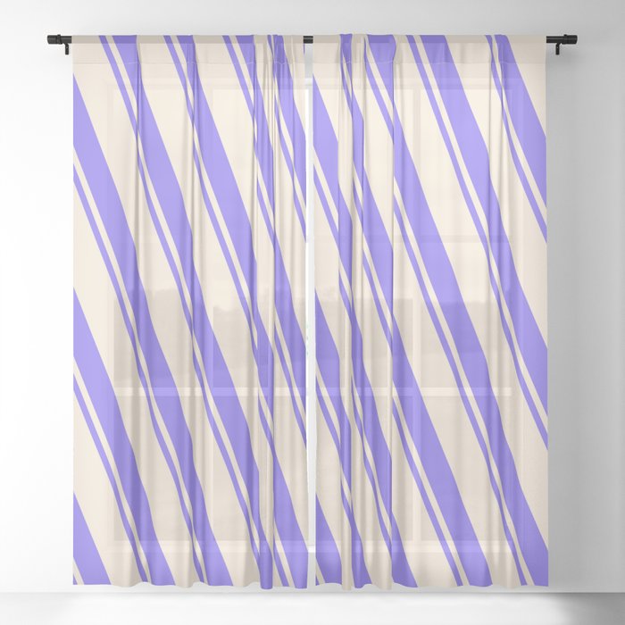 Beige and Medium Slate Blue Colored Striped Pattern Sheer Curtain