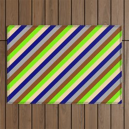 [ Thumbnail: Eyecatching Green, Tan, Blue, Dark Grey, and Brown Colored Lined/Striped Pattern Outdoor Rug ]