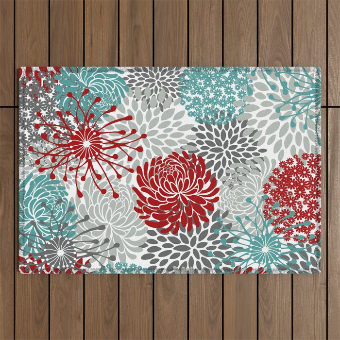 Festive, Flowers in Red, Teal and Gray Outdoor Rug