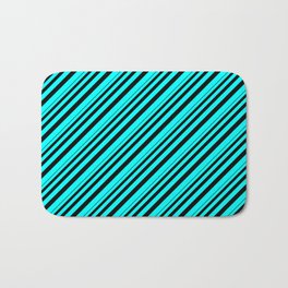 [ Thumbnail: Black and Cyan Colored Stripes Pattern Bath Mat ]