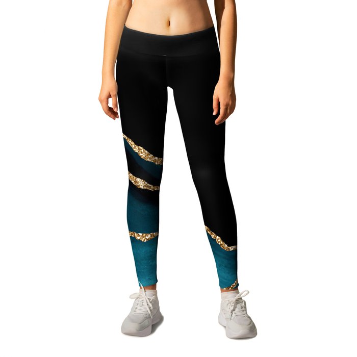 Teal Blue And Gold Glitter Veins Agate Leggings
