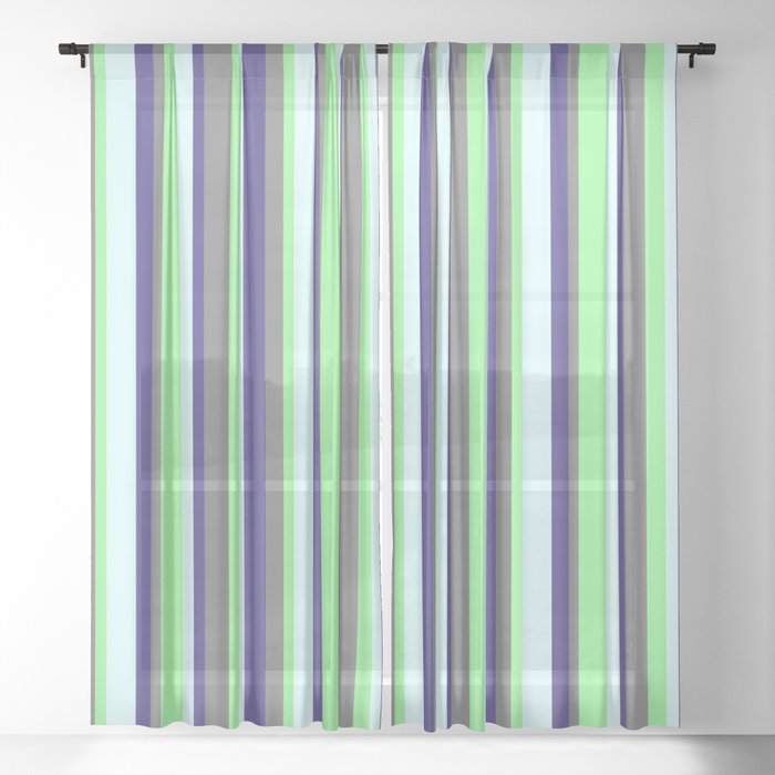 Dark Slate Blue, Light Cyan, Green, and Gray Colored Lines/Stripes Pattern Sheer Curtain