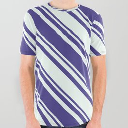 [ Thumbnail: Dark Slate Blue & Mint Cream Colored Stripes/Lines Pattern All Over Graphic Tee ]