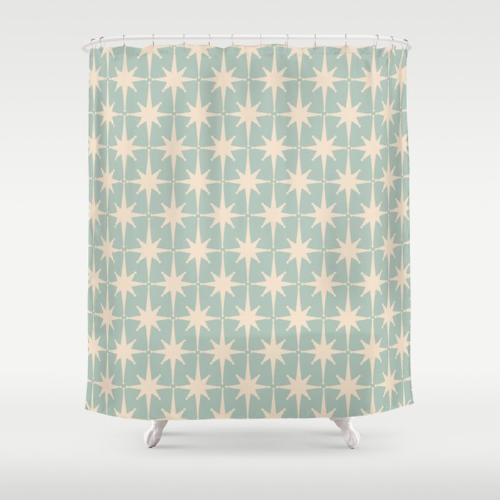 Atomic Age Retro 1950s Starburst Pattern in 50s Celadon Blue Green and Cream Shower Curtain