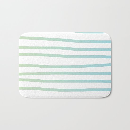 Simply Drawn Stripes in Turquoise Green Blue Gradient on White Bath Mat