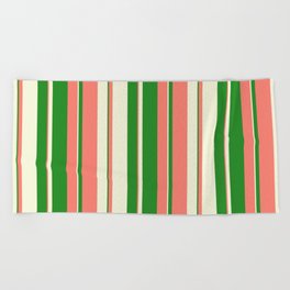 [ Thumbnail: Salmon, Forest Green & Beige Colored Lined Pattern Beach Towel ]