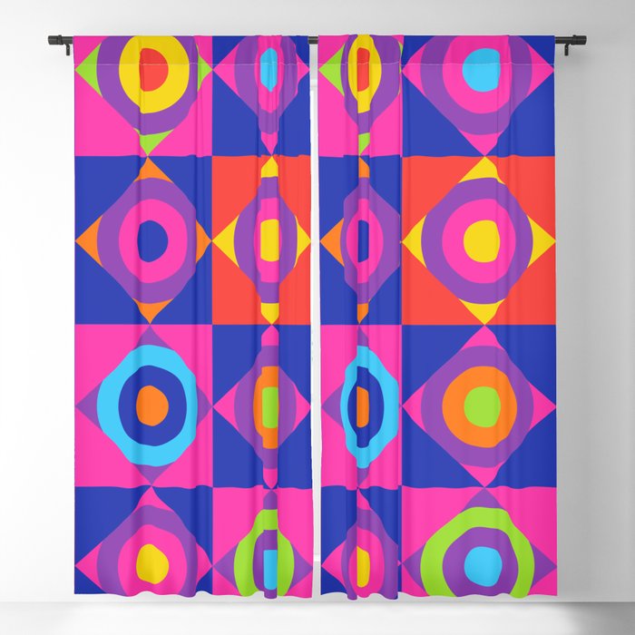 GEOMETRIC CIRCLE CHECKERBOARD TILES in GLAM 70s DISCO REVIVAL RAINBOW COLOURS PINK PURPLE RED ORANGE Blackout Curtain