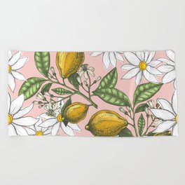 Lemons and Blooms on Pink Background Pattern Design Beach Towel