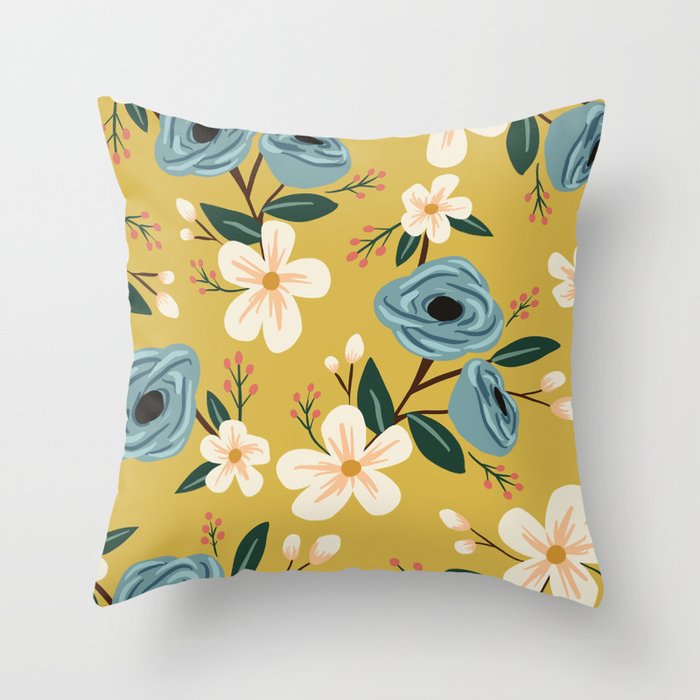 Mustard And Blue Floral Throw Pillow By Theophelia Society6