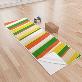 [ Thumbnail: Eye-catching Yellow, Beige, White, Red & Green Colored Pattern of Stripes Yoga Towel ]