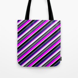 [ Thumbnail: Colorful Fuchsia, Lavender, Black, Dim Grey & Midnight Blue Colored Stripes/Lines Pattern Tote Bag ]