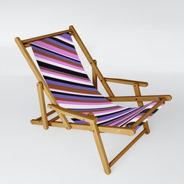 [ Thumbnail: Eye-catching Slate Blue, Brown, Violet, White & Black Colored Pattern of Stripes Sling Chair ]