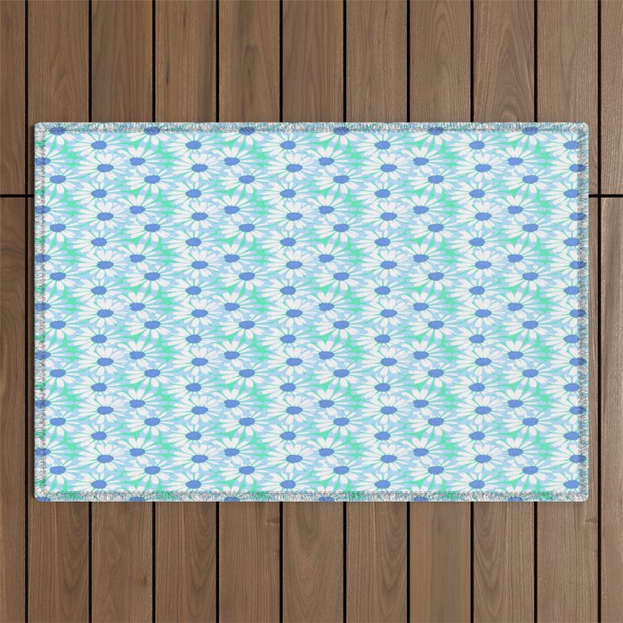 Blue and Green Daisy Print Outdoor Rug