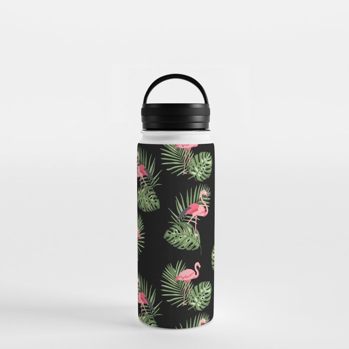 Flamingo and Tropical Leaves on Black Water Bottle