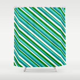 [ Thumbnail: Turquoise, Dark Cyan, Mint Cream, and Green Colored Lined Pattern Shower Curtain ]