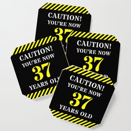 [ Thumbnail: 37th Birthday - Warning Stripes and Stencil Style Text Coaster ]