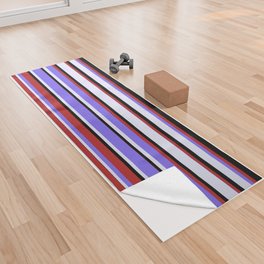 [ Thumbnail: Red, Medium Slate Blue, Lavender, and Black Colored Stripes/Lines Pattern Yoga Towel ]