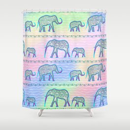 Elephant Family on Pale Stripes Shower Curtain